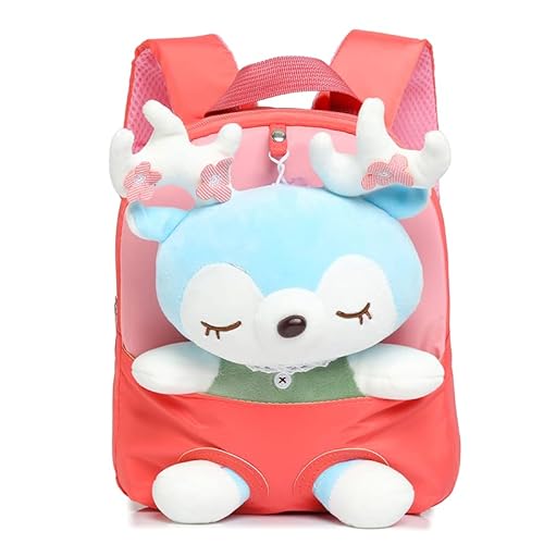 MIDSuN Kleiner Kinderrucksack,Abnehmbarer Plüsch Puppe Kindergartenrucksack,Hirsch Kindergarten Rucksack Kindertasche für 2-5 Jährige Kindergarten Junge und Mädchen (WassermelonenRot) von MIDSuN