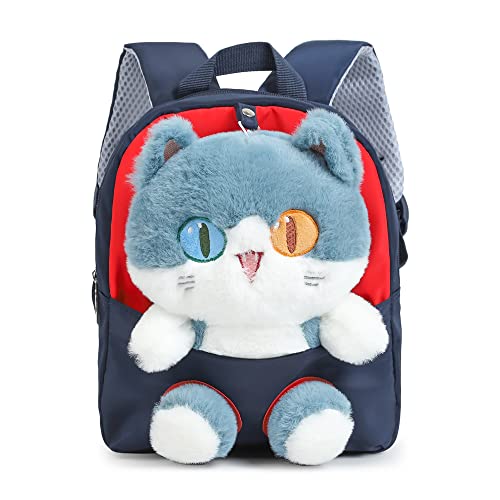 MIDSuN Kleiner Kinderrucksack,Abnehmbarer Plüsch Puppe Kindergartenrucksack,Katze Kindergarten Rucksack Kindertasche für 2-5 Jährige Kindergarten Junge und Mädchen (Blau mit Rot) von MIDSuN