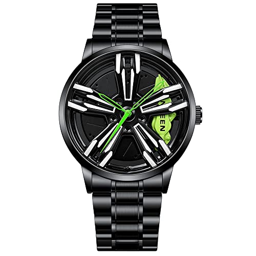 MIDYUID Herrenuhren Auto Felge Nabe Uhr Hohl Stereoskopische Rad Mode Sport Quarzuhr für Männer Geschenke Armbanduhren (Green-01) von MIDYUID