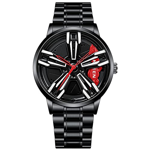 MIDYUID Herrenuhren Auto Felge Nabe Uhr Hohl Stereoskopische Rad Mode Sport Quarzuhr für Männer Geschenke Armbanduhren (Red-01) von MIDYUID