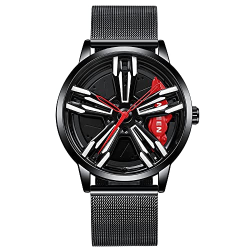 MIDYUID Herrenuhren Auto Felge Nabe Uhr Hohl Stereoskopische Rad Mode Sport Quarzuhr für Männer Geschenke Armbanduhren (Red-02) von MIDYUID