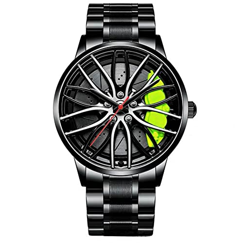 MIDYUID Herren Uhren Hohl Auto Rad Felgen Nabe Uhr Wasserdicht Sport Uhr Armbanduhren für Herren Geschenke (Green-02) von MIDYUID