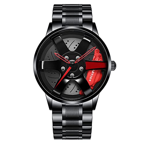 MIDYUID Herren Uhren Hohl Auto Rad Felgen Nabe Uhr Wasserdicht Sport Uhr Armbanduhren für Herren Geschenke (Red-01) von MIDYUID