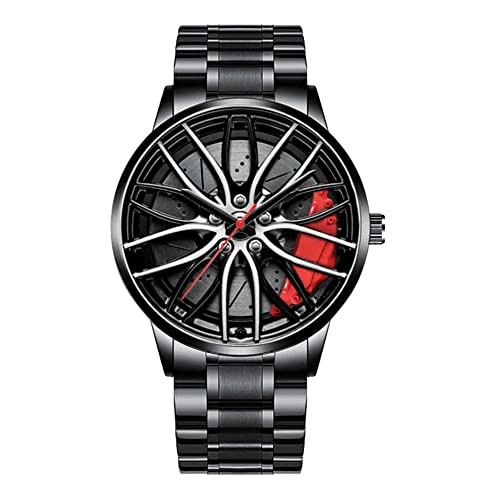 MIDYUID Herren Uhren Hohl Auto Rad Felgen Nabe Uhr Wasserdicht Sport Uhr Armbanduhren für Herren Geschenke (Red-02) von MIDYUID