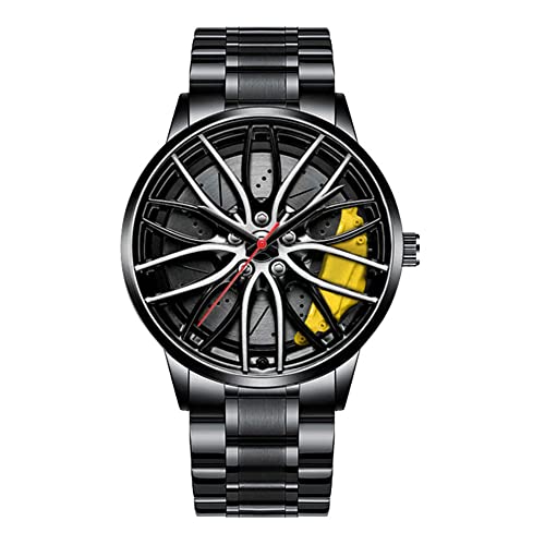 MIDYUID Herren Uhren Hohl Auto Rad Felgen Nabe Uhr Wasserdicht Sport Uhr Armbanduhren für Herren Geschenke (Yellow-02) von MIDYUID