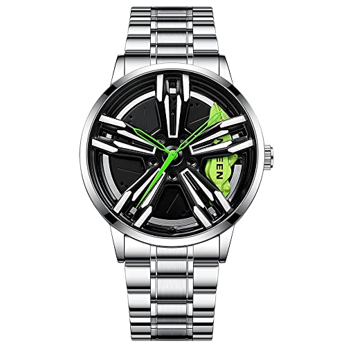MIDYUID Herrenuhren Auto Felge Nabe Uhr Hohl Stereoskopische Rad Mode Sport Quarzuhr für Männer Geschenke Armbanduhren (Green-05) von MIDYUID