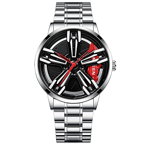 MIDYUID Herrenuhren Auto Felge Nabe Uhr Hohl Stereoskopische Rad Mode Sport Quarzuhr für Männer Geschenke Armbanduhren (Red-05) von MIDYUID