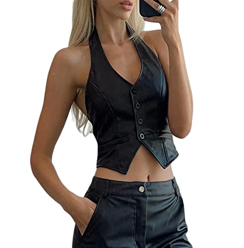 Damen Sommer Schwarz Neckholder PU Leder Weste Button Down Crop Tops Vintage Outfits für Damen, Schwarz , 38 von MIEAHORY