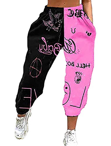MIEAHORY Lockere Damen-Sweathose, flippig, bedruckt, elastische Taille, Farbblock-Loungehose mit Taschen, Schwarz Rose Rot, M von MIEAHORY