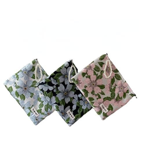 MIEDEON Frauen Handtasche Blumenmotiv Aufbewahrungstasche Tragbar Make Up Tasche Kosmetiktasche Süß Schminktasche mit Perlen (Blau,11X8.2In) von MIEDEON