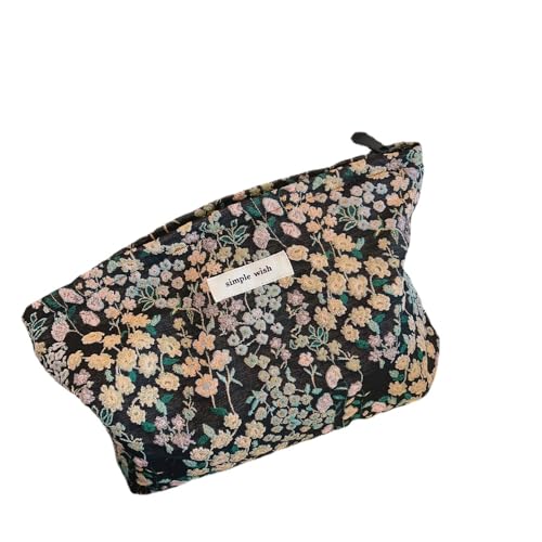 MIEDEON Frauen Make Up Tasche Frühlings- und Herbst Handtasche Blumen Muster Kosmetiktasche Elegant Aufbewahrungstasche Schlafzimmer Büro (Schwarz,10.6X1.9X7In) von MIEDEON