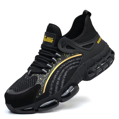 MIEHUIAI Arbeitsschuhe Herren Leicht S3 Sicherheitsschuhe rutschfest Luftkissen Atmungsaktiv Stahlkappenschuhe Dämpfung Arbeitsturnschuhe(706 Schwarz,37EU) von MIEHUIAI