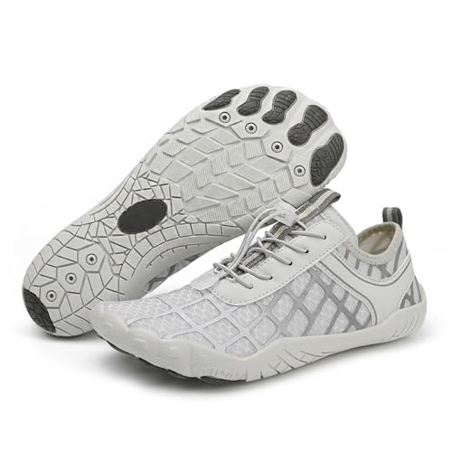 MIEHUIAI Barfußschuhe Damen Herren Badeschuhe Wasserschuhe Sommer Strandschuhe Aquaschuhe Surfschuhe Schwimmschuhe rutschfest Fitnessschuhe Zehenschuhe Schnell Trocknend(Hellgrau 806,Größe 38) von MIEHUIAI