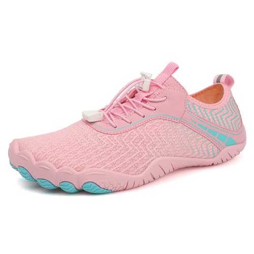 MIEHUIAI Barfußschuhe Damen Herren Badeschuhe Wasserschuhe Sommer Strandschuhe Aquaschuhe Surfschuhe Schwimmschuhe rutschfest Fitnessschuhe Zehenschuhe Schnell Trocknend(Rosa,Größe 38) von MIEHUIAI