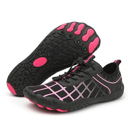 MIEHUIAI Barfußschuhe Damen Herren Badeschuhe Wasserschuhe Sommer Strandschuhe Aquaschuhe Surfschuhe Schwimmschuhe rutschfest Fitnessschuhe Zehenschuhe Schnell Trocknend(Schwarz Rosa 806,Größe 38) von MIEHUIAI