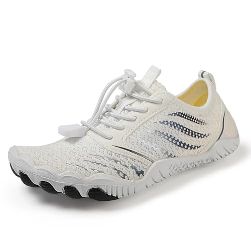 MIEHUIAI Barfußschuhe Damen Herren Badeschuhe Wasserschuhe Sommer Strandschuhe Aquaschuhe Surfschuhe Schwimmschuhe rutschfest Fitnessschuhe Zehenschuhe Schnell Trocknend(Weiß,Größe 40) von MIEHUIAI