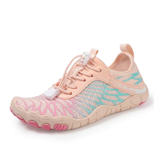 MIEHUIAI Barfußschuhe Kinder Barfussschuhe Junge Mädchen Wasserschuhe Badeschuhe Schnell Trocknend Schwimmschuhe Atmungsaktiv Strandschuhe rutschfest Aquaschuhe(Orange Rosa,29 EU) von MIEHUIAI