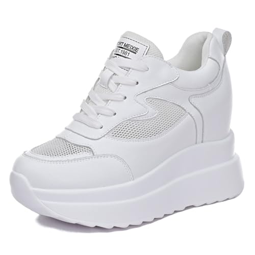 MIEHUIAI Damen Sneaker mit Keilabsatz 10 cm Plateau Freizeitschuhe Mode Wedges Sneakers Atmungsaktive Mesh Turnschuhe(Weiß,Größe 38) von MIEHUIAI