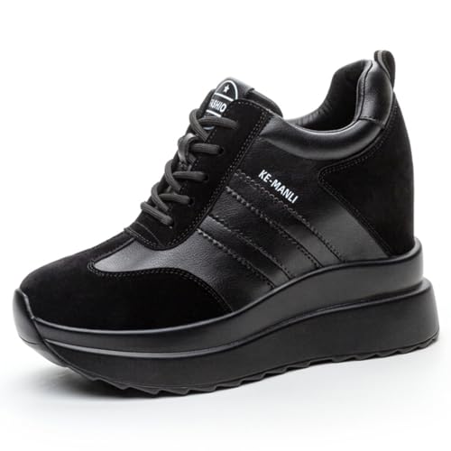 MIEHUIAI Damen Sneaker mit Keilabsatz 10 cm Plateau Freizeitschuhe Mode Wedges Sneakers Bequeme rutschfest Turnschuhe(Schwarz,Größe 39) von MIEHUIAI