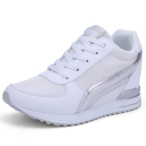 MIEHUIAI Damen Sneakers Mit Keilabsatz 7cm Wedges Sportschuhe Atmungsaktive Mesh Laufschuhe Outdoor Plateau Freizeitschuhe Turnschuhe Walkingschuhe(Weiß,38 EU) von MIEHUIAI