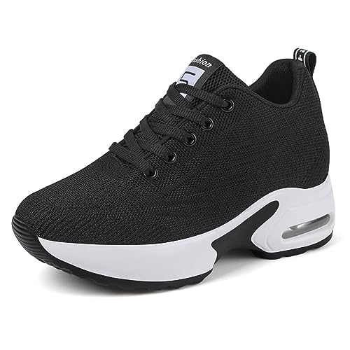 MIEHUIAI Damen Wedges Sneakers Mit Keilabsatz Sportschuhe Leicht Laufschuhe Atmungsaktiv Bequeme rutschfest Turnschuhe Fitness Gym Mode Walking Freizeitschuhe 8.5CM(Schwarz 6017,42 EU) von MIEHUIAI