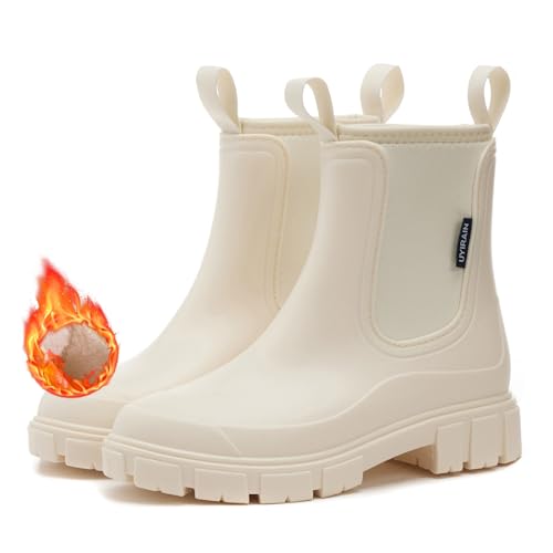 MIEHUIAI Gummistiefel Damen Gefüttert Halbhohe Wasserdicht Regenstiefel Winter Warme Rain Boots Chelsea Boots Rutschfest Gartenschuhe Stiefeletten Gummistiefeletten(Beige,38 EU) von MIEHUIAI