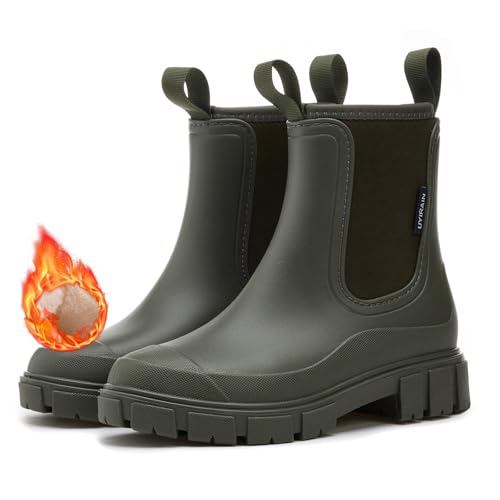 MIEHUIAI Gummistiefel Damen Gefüttert Halbhohe Wasserdicht Regenstiefel Winter Warme Rain Boots Chelsea Boots Rutschfest Gartenschuhe Stiefeletten Gummistiefeletten(Grün,37 EU) von MIEHUIAI