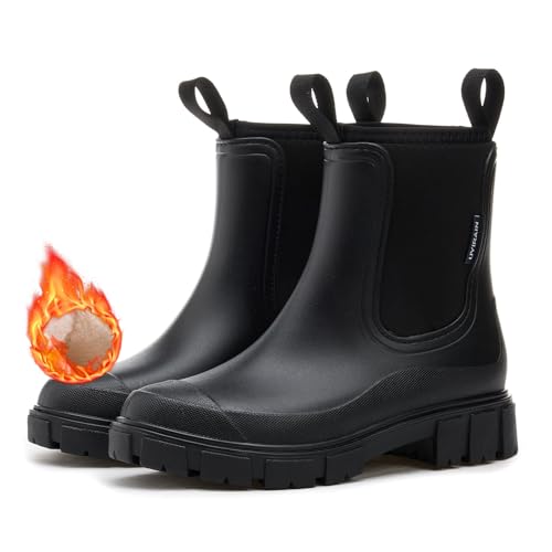 MIEHUIAI Gummistiefel Damen Gefüttert Halbhohe Wasserdicht Regenstiefel Winter Warme Rain Boots Chelsea Boots Rutschfest Gartenschuhe Stiefeletten Gummistiefeletten(Schwarz,38 EU) von MIEHUIAI