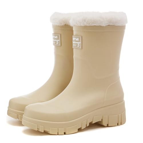 MIEHUIAI Gummistiefel Damen Gefüttert Halbhohe Wasserdicht Regenstiefel Wintere Rain Boots Chelsea Boots Rutschfest Gartenschuhe Stiefeletten Gummistiefeletten(Beige,40 EU) von MIEHUIAI