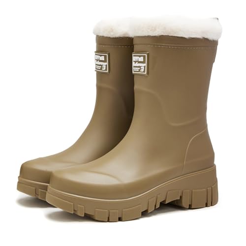 MIEHUIAI Gummistiefel Damen Gefüttert Halbhohe Wasserdicht Regenstiefel Wintere Rain Boots Chelsea Boots Rutschfest Gartenschuhe Stiefeletten Gummistiefeletten(Khaki,38 EU) von MIEHUIAI