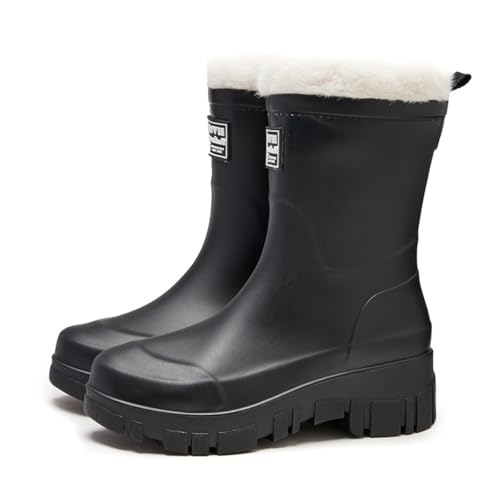 MIEHUIAI Gummistiefel Damen Gefüttert Halbhohe Wasserdicht Regenstiefel Wintere Rain Boots Chelsea Boots Rutschfest Gartenschuhe Stiefeletten Gummistiefeletten(Schwarz,37 EU) von MIEHUIAI