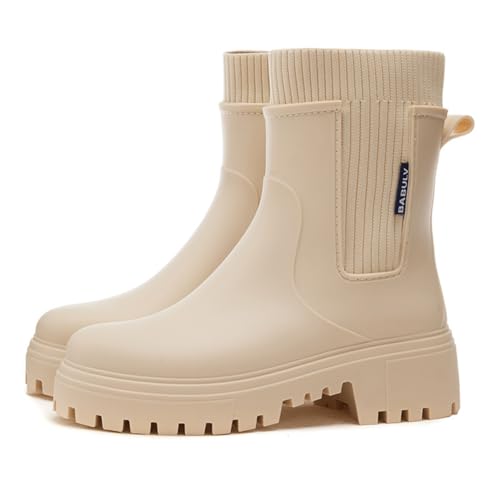 MIEHUIAI Gummistiefel Damen Halbhohe Regenstiefel Ankle Chelsea Boots Wasserdicht Gartenschuhe Rain Boots Stiefeletten mit rutschfest Sohle(Beige,40 EU) von MIEHUIAI