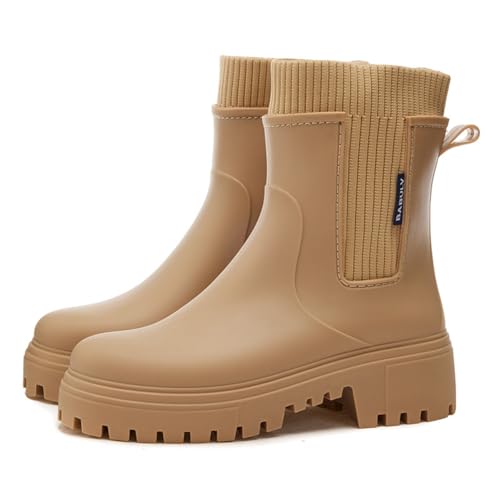 MIEHUIAI Gummistiefel Damen Halbhohe Regenstiefel Ankle Chelsea Boots Wasserdicht Gartenschuhe Rain Boots Stiefeletten mit rutschfest Sohle(Braun,37 EU) von MIEHUIAI