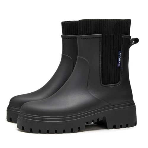 MIEHUIAI Gummistiefel Damen Halbhohe Regenstiefel Ankle Chelsea Boots Wasserdicht Gartenschuhe Rain Boots Stiefeletten mit rutschfest Sohle(Schwarz,39 EU) von MIEHUIAI