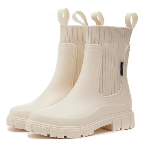 MIEHUIAI Gummistiefel Damen Halbhohe Regenstiefel Ankle Chelsea Boots Wasserdicht Gartenschuhe Rain Boots Stiefeletten mit rutschfest Sohle(Beige,39 EU) von MIEHUIAI