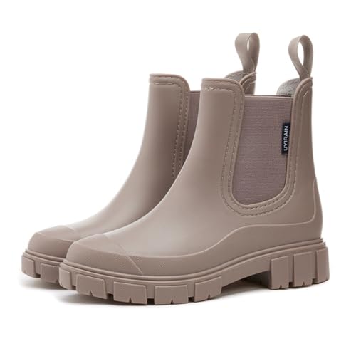 MIEHUIAI Gummistiefel Damen Halbhohe Regenstiefel Ankle Chelsea Boots Wasserdicht Gartenschuhe Rain Boots Stiefeletten mit rutschfest Sohle(Braun,38 EU) von MIEHUIAI