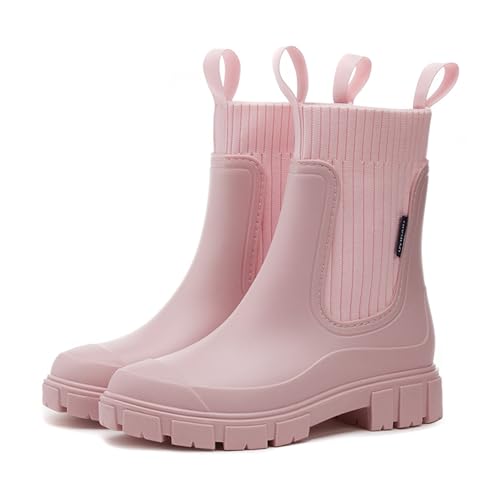 MIEHUIAI Gummistiefel Damen Halbhohe Regenstiefel Ankle Chelsea Boots Wasserdicht Gartenschuhe Rain Boots Stiefeletten mit rutschfest Sohle(Rosa,41 EU) von MIEHUIAI