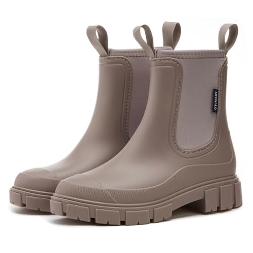 MIEHUIAI Gummistiefel Damen Halbhohe Wasserdicht Regenstiefel Chelsea Rain Boots Ankle Rutschfeste Gartenschuhe Regenschuhe Stiefeletten(Braun,41 EU) von MIEHUIAI