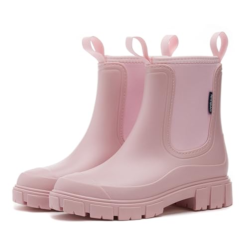 MIEHUIAI Gummistiefel Damen Halbhohe Wasserdicht Regenstiefel Chelsea Rain Boots Ankle rutschfeste Gartenschuhe Regenschuhe Stiefeletten(Rosa,41 EU) von MIEHUIAI