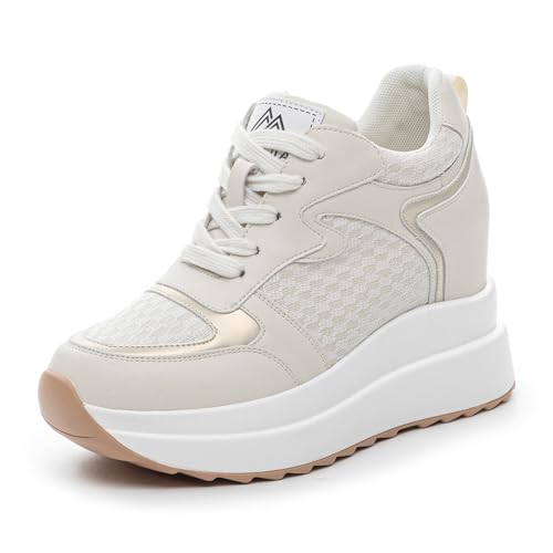 MIEHUIAI Sneaker mit Keilabsatz Damen Wedges Plateau keilsneakers Mode Freizeitschuhe Casual Turnschuhe mit Absatz 10 cm(Beige 288,Größe 37) von MIEHUIAI