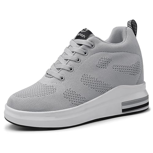 MIEHUIAI Sneakers Mit Keilabsatz Damen Wedges Sportschuhe Plateau Mode Freizeitschuhe Walking Leicht Atmungsaktiv Laufschuhe rutschfest Turnschuhe 8.5CM (Grau,35 EU) von MIEHUIAI