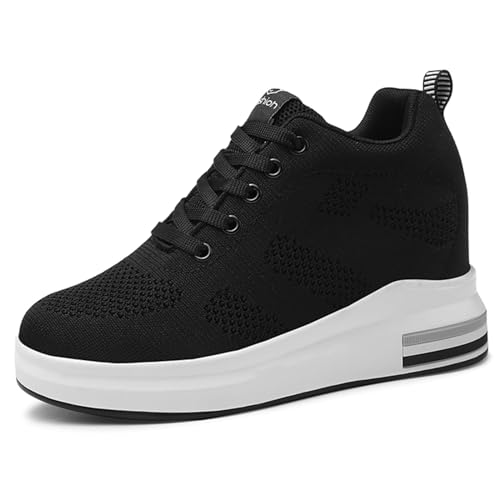 MIEHUIAI Sneakers Mit Keilabsatz Damen Wedges Sportschuhe Plateau Mode Freizeitschuhe Walking Leicht Atmungsaktiv Laufschuhe rutschfest Turnschuhe 8.5CM (Schwarz,37 EU) von MIEHUIAI