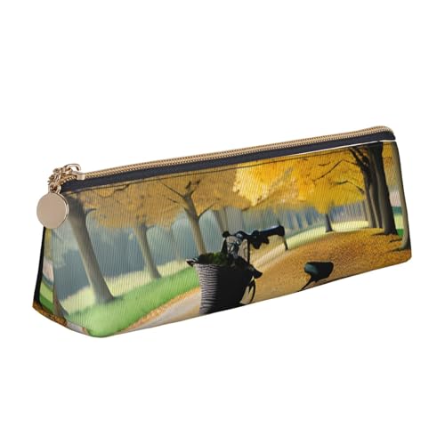 MIEKGPS Federmäppchen, Motiv: Herbstbaum mit altem Fahrrad, personalisierbar, Leder, Make-up-/Kosmetiktasche, Schreibwaren-Tasche von MIEKGPS