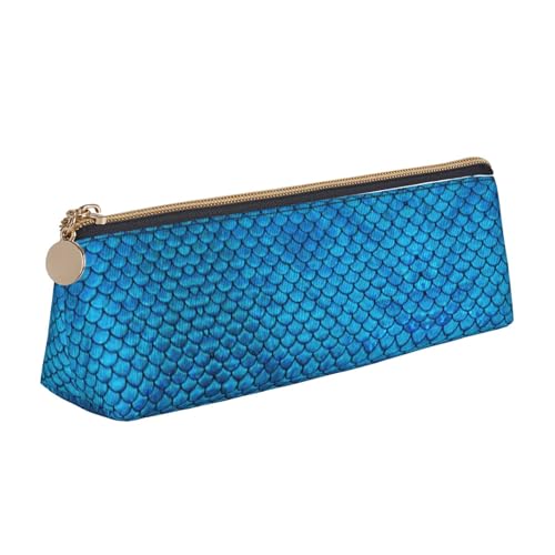 MIEKGPS Federmäppchen aus Leder, Motiv: Blauer Fischschuppen-Druck, Make-up-/Kosmetiktasche, Schreibwaren-Tasche von MIEKGPS