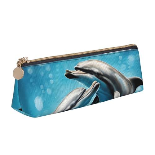 MIEKGPS Federmäppchen aus Leder, Motiv: Delfine in Love, personalisierbar, für Make-up, Kosmetik, Schreibwaren von MIEKGPS