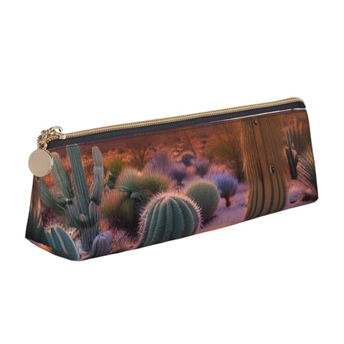 MIEKGPS Federmäppchen aus Leder, Motiv: Kaktus, Wüste, Sonnenuntergänge, personalisierbar, Make-up-/Kosmetiktasche, Schreibwaren-Tasche von MIEKGPS