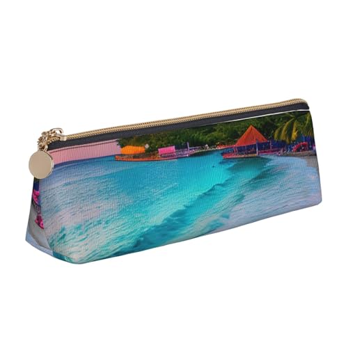 MIEKGPS Federmäppchen aus Leder mit Jamaika-Strand-Aufdruck, personalisierbar, Make-up-/Kosmetiktasche, Schreibwaren-Tasche von MIEKGPS