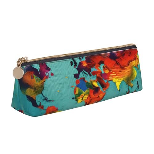 MIEKGPS Federmäppchen aus Leder mit Weltkarten-Aufdruck, personalisierbar, Make-up-/Kosmetiktasche, Schreibwaren-Tasche von MIEKGPS