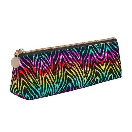 MIEKGPS Federmäppchen aus Leder mit buntem Regenbogen-Zebramuster, personalisierbar, Make-up-/Kosmetiktasche, Schreibwaren-Tasche von MIEKGPS