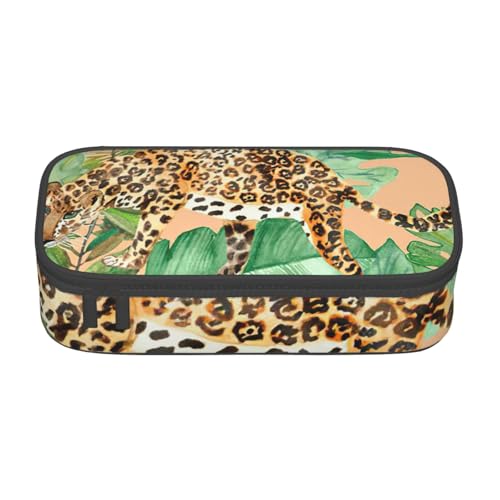 MIEKGPS Make-up-Tasche mit Leoparden- und Palmblatt-Druck, großes Fassungsvermögen, Federmäppchen, Organizer, tragbare Tasche, schwarz, Einheitsgröße, modern von MIEKGPS